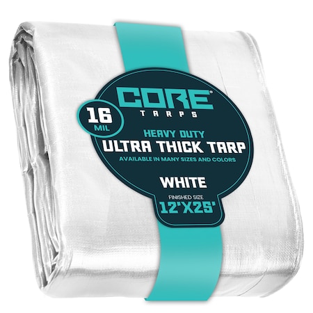 Core Tarps Heavy Duty Tarp, 25 ft L x 0.5 mm H x 12 ft W, 16 Mil, White, Polyethylene CT-304-12X25
